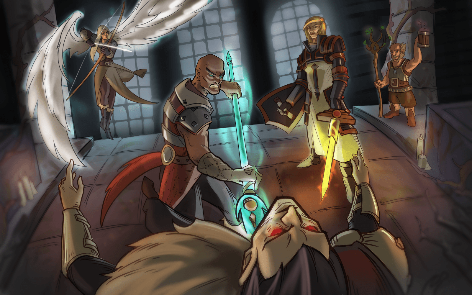 Illustration of a party of RPG heroes. From left to right: an blonde woman with angelical wings, readying a bow with an arrow made of light; a bald man wearing leather armor and holding a spectral spear, thrusting it into a vampire with red eyes; a tall, blonde woman with heavy armor, a shield and a sword made of light; and an old halfling holding a wooden staff and a beer mug.