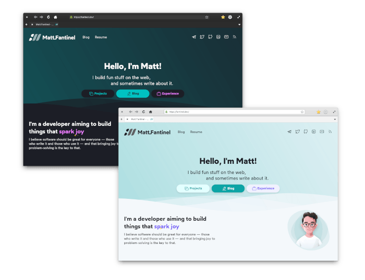 Screenshot of the third version of my website. It has a background that resembles waves, and a greeting "Hello, I'm Matt!" front and center. There's an illustrated version of me wearing glasses.