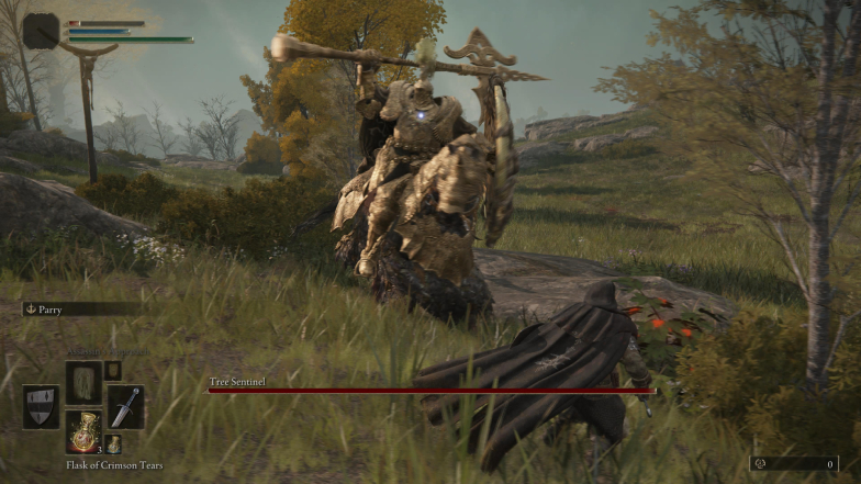 Elden Ring screenshot. In it, the player is fighting a huge knight in golden armor riding a horse, also in golden armor.