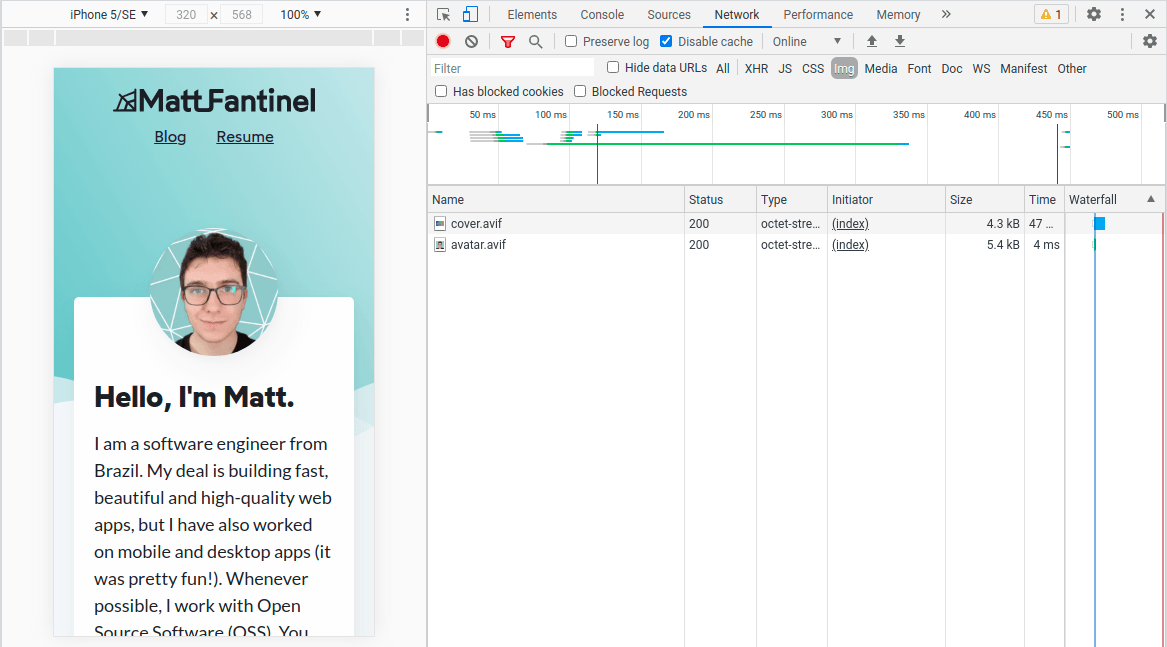 Screenshot of the browser tools showing network requests: There are only two images that have been downloaded.