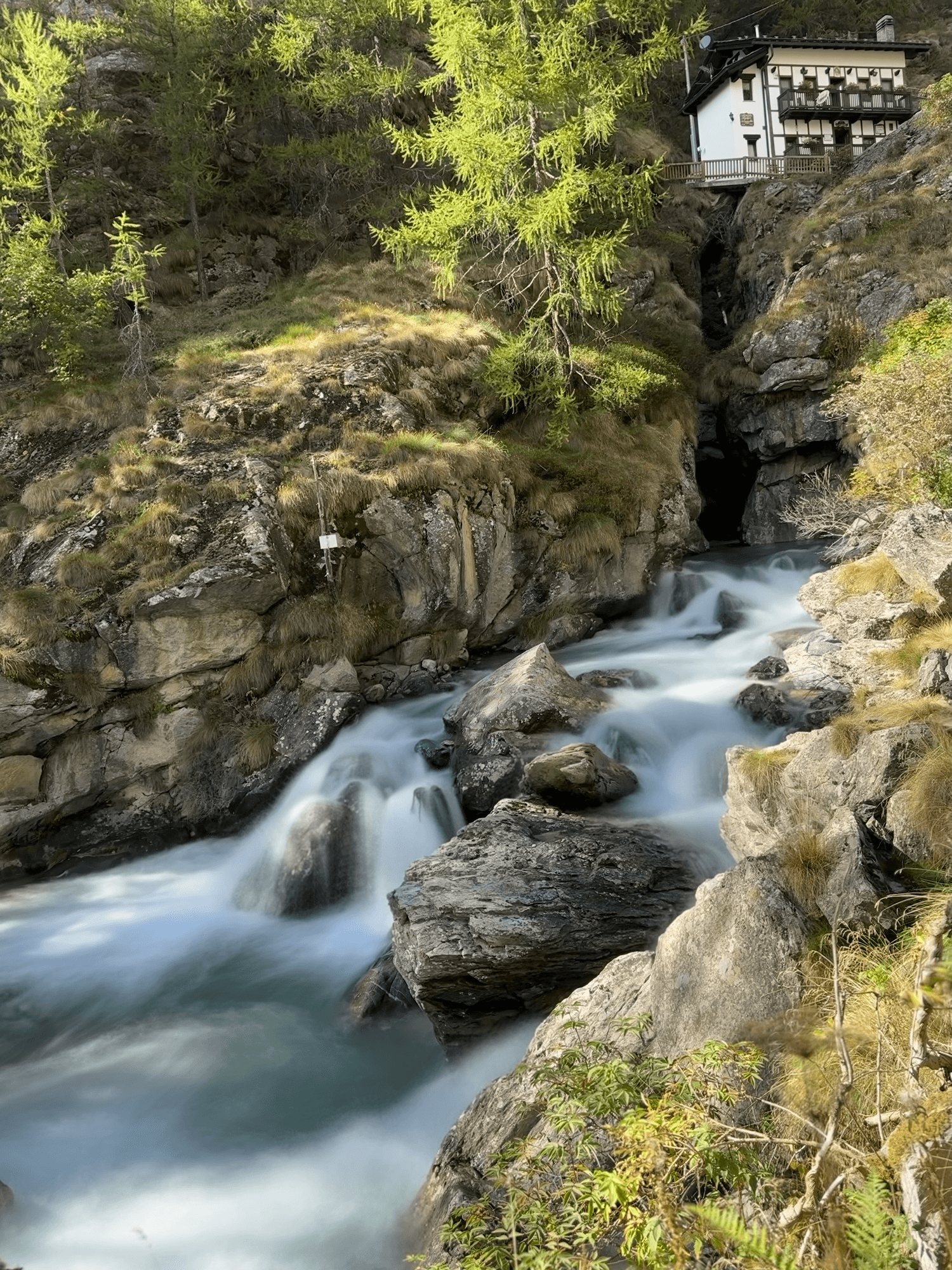Daytime picture of a river running in the middle of the woods. The river is full of rocks and the water has a smooth appearance caused by the long exposure shot